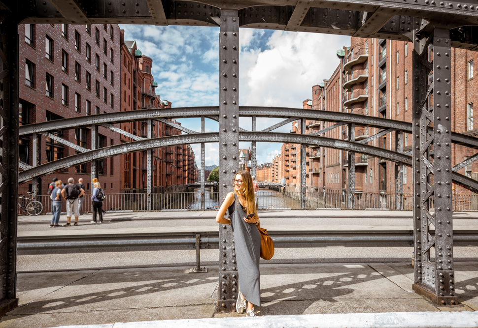 Business woman on the iron bridge Business woman walking in Speicherstadt, historic warehouse district in Hamburg, Germany