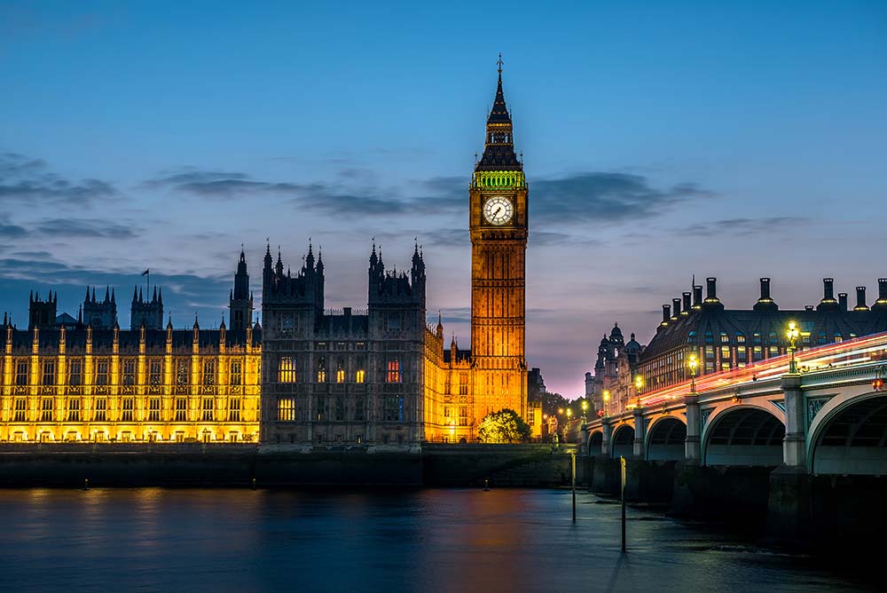 London View of Big Ben from the river with bridge