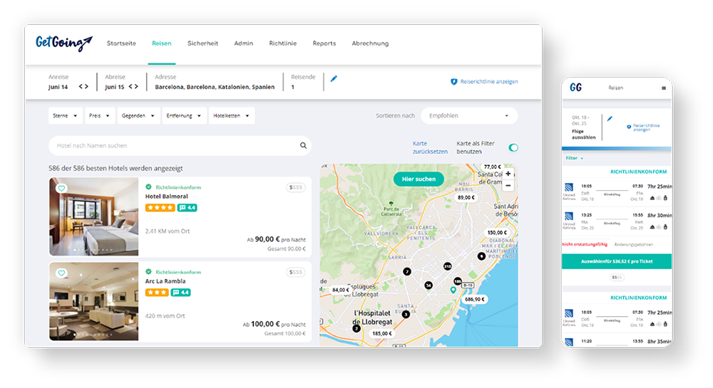 Easy booking DE - Device screen laptop (hotel results) + phone (flight results) GetGoing-Plattform Geschäftsreise buchen